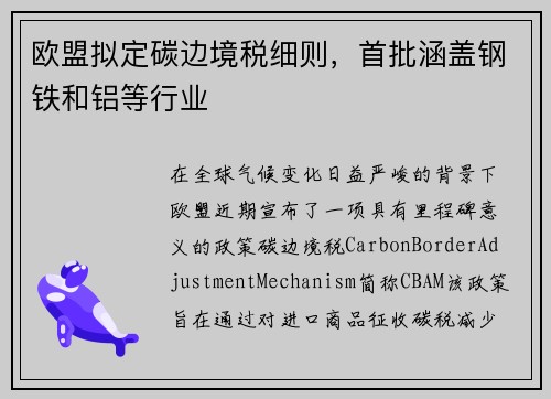 欧盟拟定碳边境税细则,首批涵盖钢铁和铝等行业