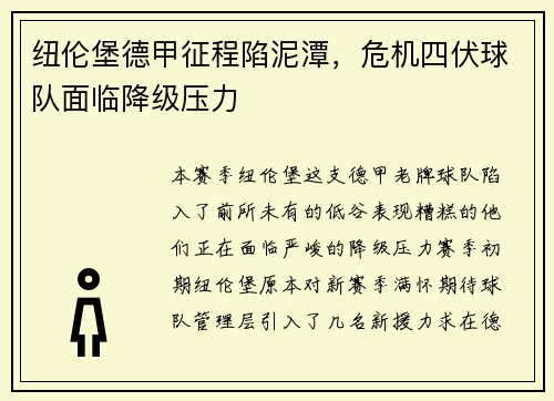 纽伦堡德甲征程陷泥潭，危机四伏球队面临降级压力