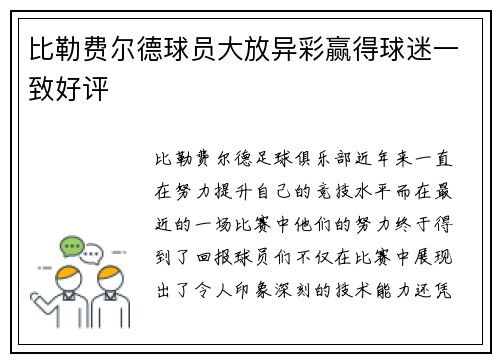 比勒费尔德球员大放异彩赢得球迷一致好评